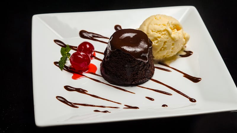 Warm chocolate lava cake with vanilla ice cream